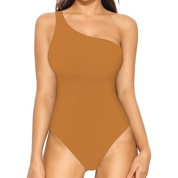 Mangopop Light Brown One Shoulder Bodysuit Small - Picture 1 of 4